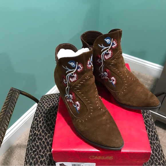 Carlos by Carlos Santana Brown Embroidered Ankle Boots - Picture 1 of 4